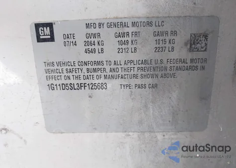 2015 Chevrolet Malibu 2Lt z USA, uszkodzony, nr VIN 1G11D5SL3FF125683